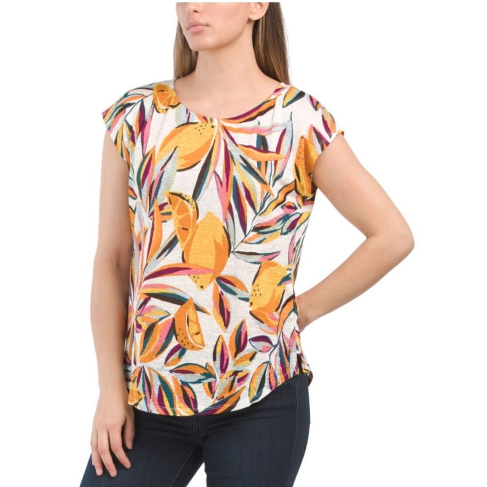NEW C&C CALIFORNIA Linen Short Sleeve Cali Lemon Palm Print Top Size M + L